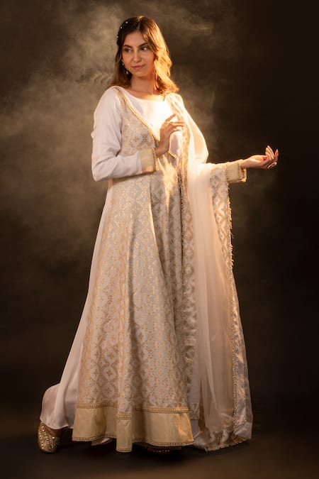 Buy_Monk & Mei By Sonia Anand_Gold Silk, Brocade Round Neck Macy Floral Pattern Angrakha Anarkali With Dupatta _Online_at_Aza_Fashions