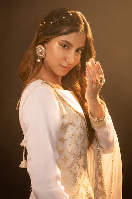 Shop_Monk & Mei By Sonia Anand_Gold Silk, Brocade Round Neck Macy Floral Pattern Angrakha Anarkali With Dupatta _Online_at_Aza_Fashions