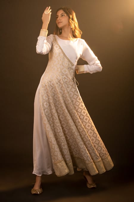 Monk & Mei By Sonia Anand_Gold Silk, Brocade Round Neck Macy Floral Pattern Angrakha Anarkali With Dupatta _at_Aza_Fashions