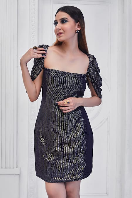 Buy_Monk & Mei By Sonia Anand_Blue Georgette Sequins Square Neck Mia Embellished Dress _Online_at_Aza_Fashions