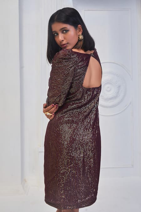 Shop_Monk & Mei By Sonia Anand_Wine Georgette Sequins Square Neck Mia Embellished Straight Dress _Online_at_Aza_Fashions
