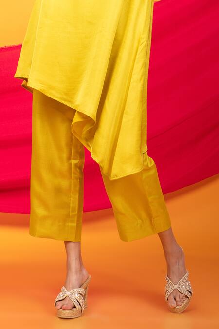Monk & Mei By Sonia Anand_Yellow Silk Embroidery Collared Nusrat Asymmetric Kurta With Pant _Online_at_Aza_Fashions