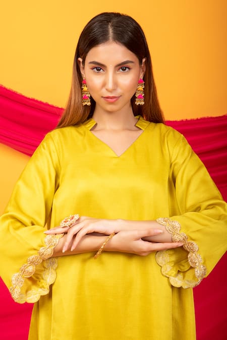 Buy_Monk & Mei By Sonia Anand_Yellow Silk Embroidery Collared Nusrat Asymmetric Kurta With Pant _Online_at_Aza_Fashions