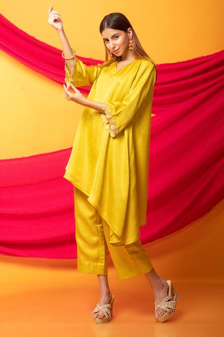 Shop_Monk & Mei By Sonia Anand_Yellow Silk Embroidery Collared Nusrat Asymmetric Kurta With Pant _Online_at_Aza_Fashions