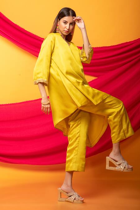Monk & Mei By Sonia Anand_Yellow Silk Embroidery Collared Nusrat Asymmetric Kurta With Pant _at_Aza_Fashions