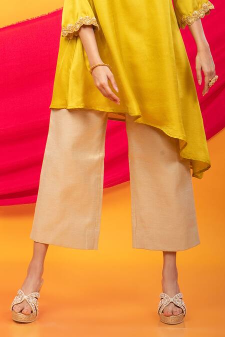 Buy_Monk & Mei By Sonia Anand_Yellow , Satin Embroidery Nusrat Asymmetric Hem Kurta With Pant _Online_at_Aza_Fashions