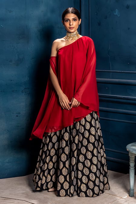Monk & Mei Black Georgette And Mulmul Woven Floral Raagini Top With Lehenga 