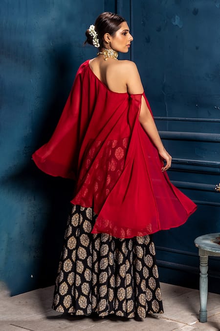 Shop_Monk & Mei By Sonia Anand_Black Georgette, Cotton Embroidery Asymmetric Raagini Top With Lehenga _at_Aza_Fashions