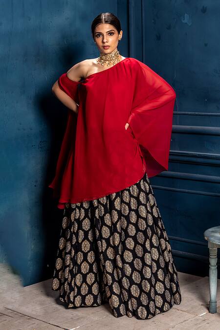 Buy_Monk & Mei By Sonia Anand_Black Georgette, Cotton Embroidery Asymmetric Raagini Top With Lehenga _Online_at_Aza_Fashions