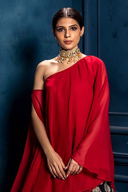 Shop_Monk & Mei By Sonia Anand_Black Georgette, Cotton Embroidery Asymmetric Raagini Top With Lehenga _Online_at_Aza_Fashions