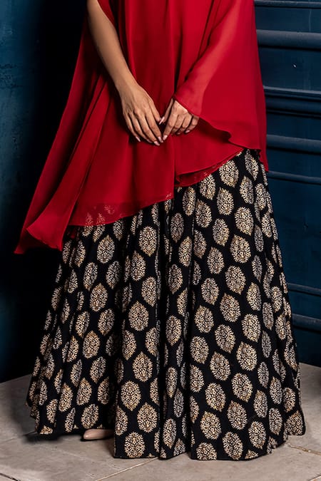 Monk & Mei By Sonia Anand_Black Georgette, Cotton Embroidery Asymmetric Raagini Top With Lehenga _at_Aza_Fashions