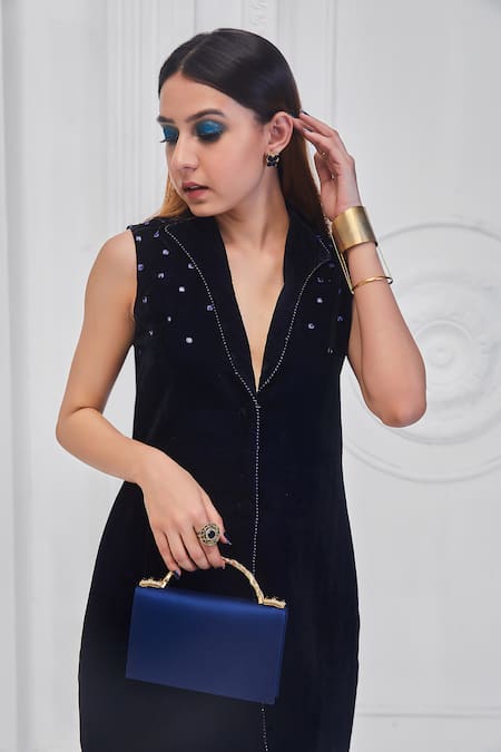 Shop_Monk & Mei By Sonia Anand_Blue Velvet Collared Placement Monochrome Embroidered Dress _Online_at_Aza_Fashions