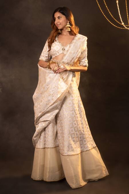 Buy_Monk & Mei By Sonia Anand_Gold Silk, Brocade Embroidery V-neck Floral Pattern Blouse And Sharara Set _Online_at_Aza_Fashions