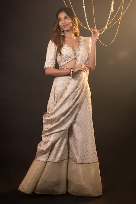 Shop_Monk & Mei By Sonia Anand_Gold Silk, Brocade Embroidery V-neck Floral Pattern Blouse And Sharara Set _Online_at_Aza_Fashions