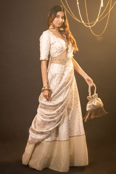 Monk & Mei By Sonia Anand_Gold Silk, Brocade Embroidery V-neck Floral Pattern Blouse And Sharara Set _at_Aza_Fashions