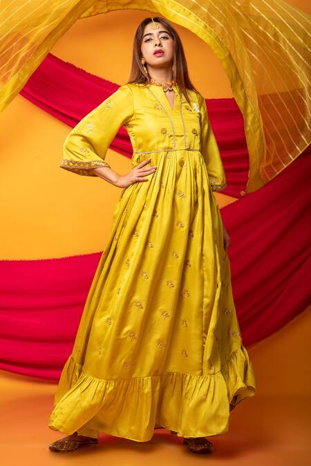 Monk & Mei By Sonia Anand Yellow Silk Cut Work Split Zunera Floral Butti Embellished Anarkali With Dupatta Online at Aza Fashions Monk & Mei By Sonia Anand_Yellow Silk Cut Work Split Zunera Floral Butti Embellished Anarkali With Dupatta _Online_at_Aza_Fashions