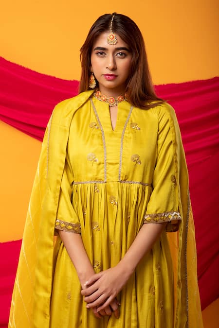 Buy Monk & Mei By Sonia Anand Yellow Silk Cut Work Split Zunera Floral Butti Embellished Anarkali With Dupatta Online at Aza Fashions Buy_Monk & Mei By Sonia Anand_Yellow Silk Cut Work Split Zunera Floral Butti Embellished Anarkali With Dupatta _Online_at_Aza_Fashions