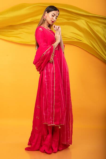 Monk & Mei By Sonia Anand_Pink , Satin Zunera Flower Butti Embellished Anarkali With Dupatta _Online_at_Aza_Fashions