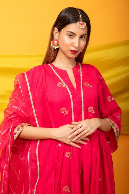 Buy_Monk & Mei By Sonia Anand_Pink , Satin Zunera Flower Butti Embellished Anarkali With Dupatta _Online_at_Aza_Fashions