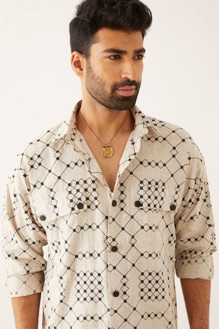 Shop_Son Of A Noble Snob_Ivory Linen Cai Balance Print Shirt And Trouser Set _Online_at_Aza_Fashions