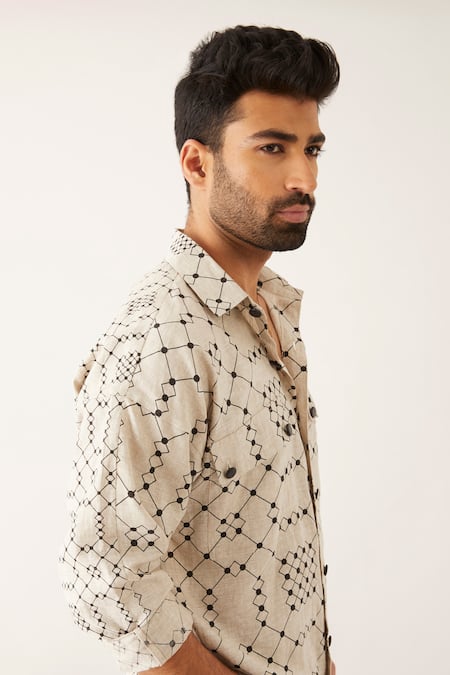 Son Of A Noble Snob_Ivory Linen Cai Balance Print Shirt And Trouser Set _at_Aza_Fashions