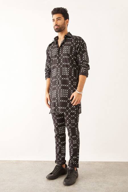 Son Of A Noble Snob_Black Linen Aazz Balance Print Shirt And Trouser Set _Online_at_Aza_Fashions