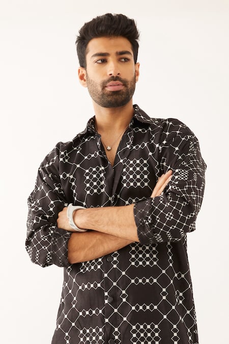 Shop_Son Of A Noble Snob_Black Linen Aazz Balance Print Shirt And Trouser Set _Online_at_Aza_Fashions