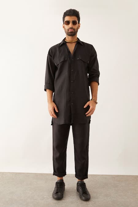 Son Of A Noble Snob_Black Linen Cai Solid Shirt And Trouser Set _Online_at_Aza_Fashions