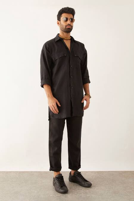 Buy_Son Of A Noble Snob_Black Linen Cai Solid Shirt And Trouser Set _Online_at_Aza_Fashions