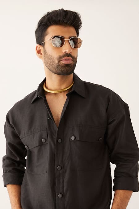 Shop_Son Of A Noble Snob_Black Linen Cai Solid Shirt And Trouser Set _Online_at_Aza_Fashions