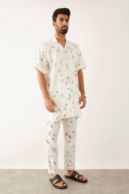 Buy_Son Of A Noble Snob_White Linen Haaris Leaf Print Oversized Shirt And Trouser Set _Online_at_Aza_Fashions