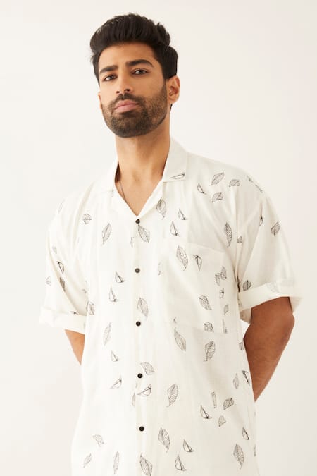 Son Of A Noble Snob_White Linen Haaris Leaf Print Oversized Shirt And Trouser Set _at_Aza_Fashions
