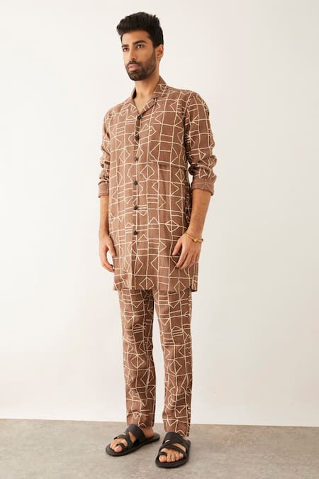 Son Of A Noble Snob Brown Linen Bab Fuzz Print Shirt And Trouser Set Online at Aza Fashions Son Of A Noble Snob_Brown Linen Bab Fuzz Print Shirt And Trouser Set _Online_at_Aza_Fashions