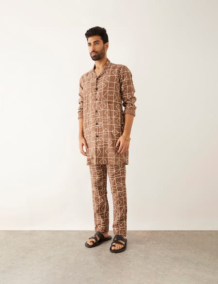 Buy Son Of A Noble Snob Brown Linen Bab Fuzz Print Shirt And Trouser Set Online at Aza Fashions Buy_Son Of A Noble Snob_Brown Linen Bab Fuzz Print Shirt And Trouser Set _Online_at_Aza_Fashions