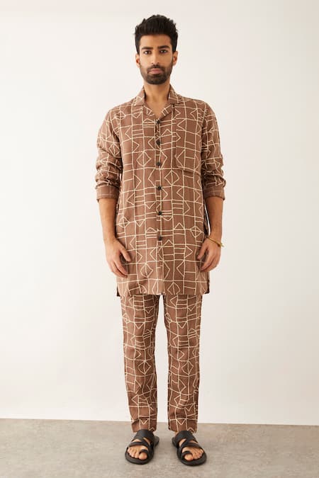 Shop Son Of A Noble Snob Brown Linen Bab Fuzz Print Shirt And Trouser Set Online at Aza Fashions Shop_Son Of A Noble Snob_Brown Linen Bab Fuzz Print Shirt And Trouser Set _Online_at_Aza_Fashions