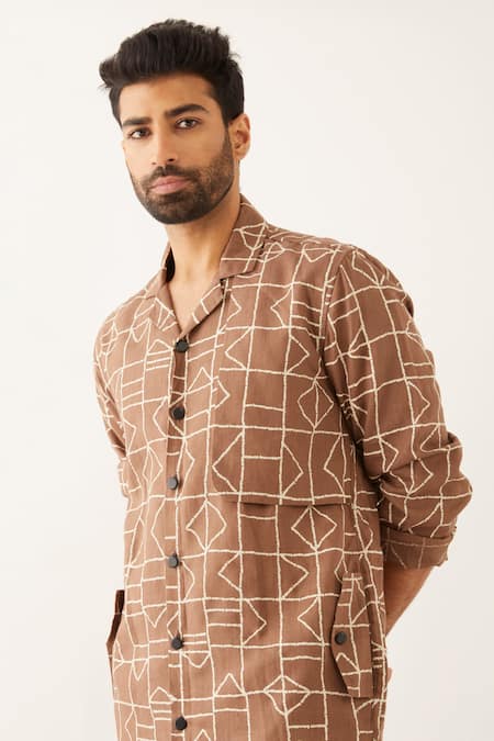 Son Of A Noble Snob Brown Linen Bab Fuzz Print Shirt And Trouser Set at Aza Fashions Son Of A Noble Snob_Brown Linen Bab Fuzz Print Shirt And Trouser Set _at_Aza_Fashions