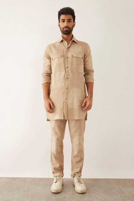 Son Of A Noble Snob Beige Linen Fezzi Binary Print Kurta Set Online at Aza Fashions Son Of A Noble Snob_Beige Linen Fezzi Binary Print Kurta Set_Online_at_Aza_Fashions