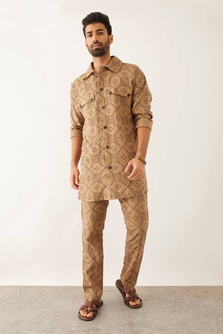 Buy Son Of A Noble Snob Brown Linen Metallic Thread Cai Clover Print Kurta Set at Aza Fashions Buy_Son Of A Noble Snob_Brown Linen Metallic Thread Cai Clover Print Kurta Set_at_Aza_Fashions
