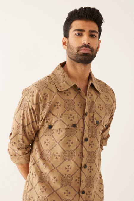 Shop Son Of A Noble Snob Brown Linen Metallic Thread Cai Clover Print Kurta Set Online at Aza Fashions Shop_Son Of A Noble Snob_Brown Linen Metallic Thread Cai Clover Print Kurta Set_Online_at_Aza_Fashions