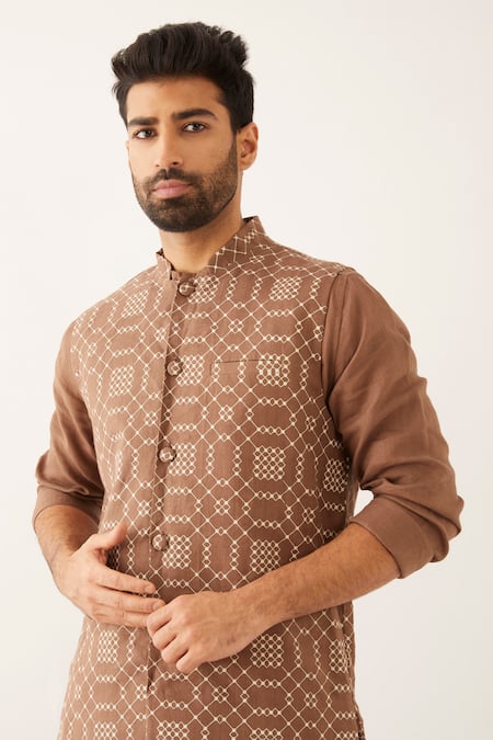 Shop Son Of A Noble Snob Brown Linen Small Balance Print Bundi Online at Aza Fashions Shop_Son Of A Noble Snob_Brown Linen Small Balance Print Bundi _Online_at_Aza_Fashions