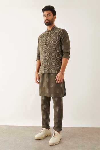 Buy_Son Of A Noble Snob_Green Linen Geometric Print Bundi_Online_at_Aza_Fashions
