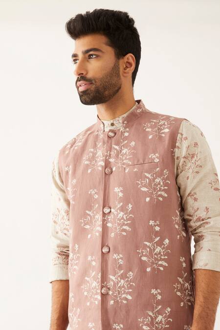 Shop Son Of A Noble Snob Purple Linen Embroidery Catchfly Floral Print Bundi Online at Aza Fashions Shop_Son Of A Noble Snob_Purple Linen Embroidery Catchfly Floral Print Bundi_Online_at_Aza_Fashions