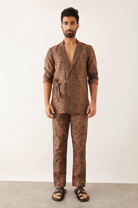 Son Of A Noble Snob_Brown Linen Arfa Dominos Print Blazer And Pant Set _Online_at_Aza_Fashions