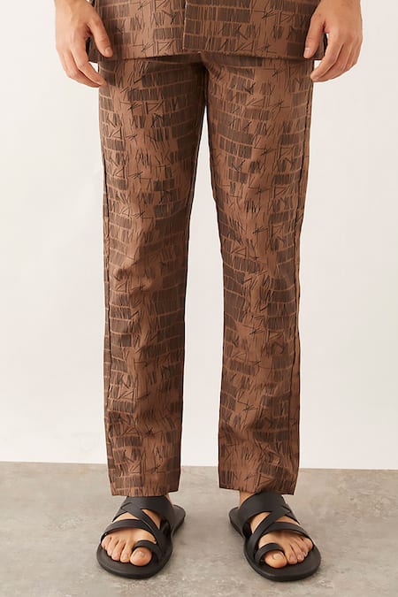 Buy_Son Of A Noble Snob_Brown Linen Arfa Dominos Print Blazer And Pant Set _Online_at_Aza_Fashions
