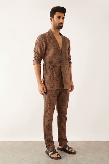 Shop_Son Of A Noble Snob_Brown Linen Arfa Dominos Print Blazer And Pant Set _Online_at_Aza_Fashions