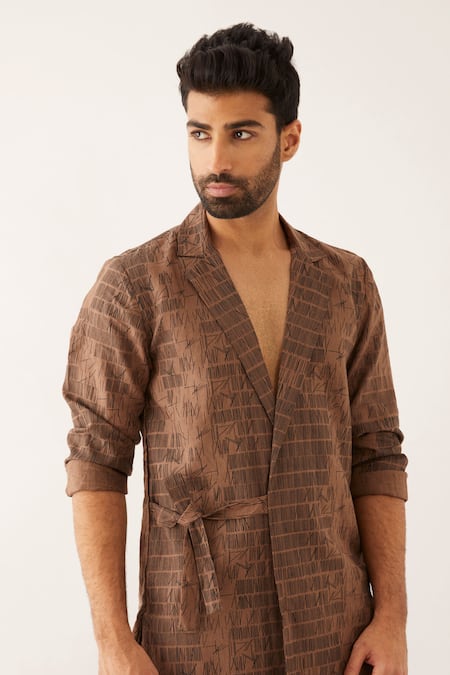 Son Of A Noble Snob_Brown Linen Arfa Dominos Print Blazer And Pant Set _at_Aza_Fashions
