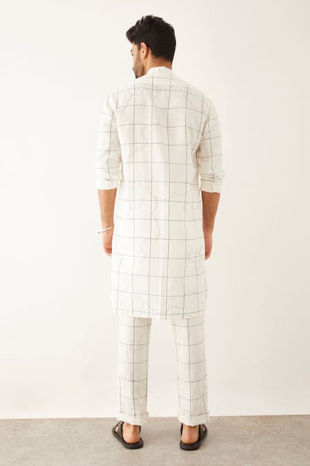 Shop Son Of A Noble Snob White Linen Taha Topography Print Kurta And Trouser Set at Aza Fashions Shop_Son Of A Noble Snob_White Linen Taha Topography Print Kurta And Trouser Set _at_Aza_Fashions