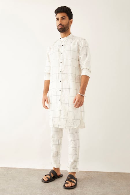Son Of A Noble Snob White Linen Taha Topography Print Kurta And Trouser Set Online at Aza Fashions Son Of A Noble Snob_White Linen Taha Topography Print Kurta And Trouser Set _Online_at_Aza_Fashions
