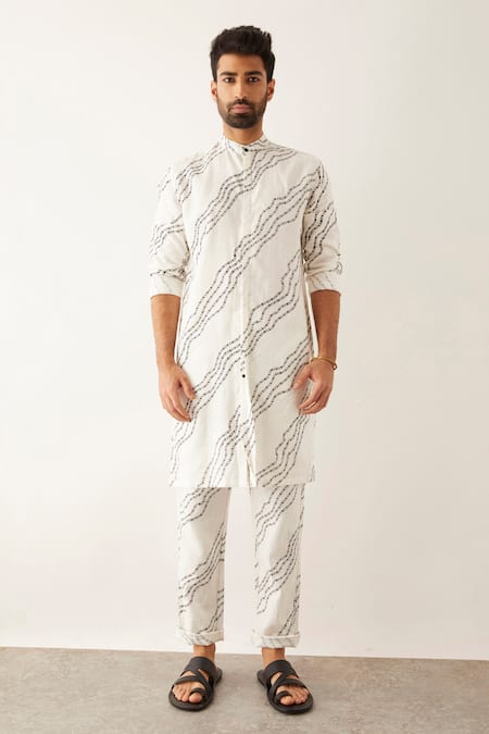 Buy_Son Of A Noble Snob_White Linen Waves Print Kurta And Trouser Set _Online_at_Aza_Fashions