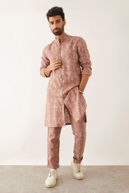 Buy KISAH Men's Cotton Blend Long Sleeves Regular Fit Solid Baby Pink Kurta  Trousers Set (S) at Amazon.in